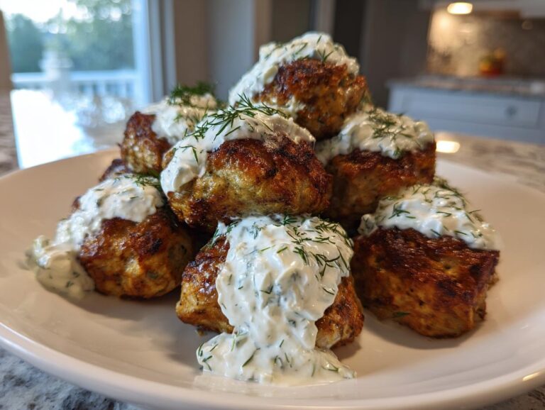 A stack of golden brown greek chicken meatballs topped generously with creamy tzatziki sauce and fresh dill.