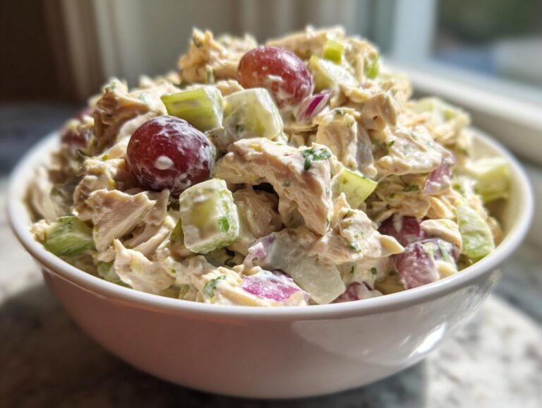A white bowl filled with creamy greek yogurt chicken salad mixed with chunks of chicken, celery, red onion, and red grapes.