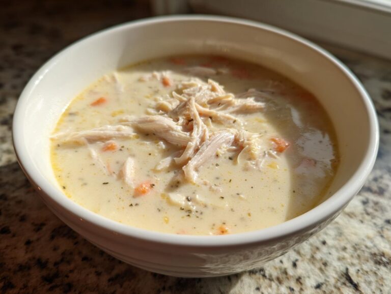 Close-up of a white bowl filled with creamy homemade cream of chicken soup topped with shredded chicken and visible carrots.