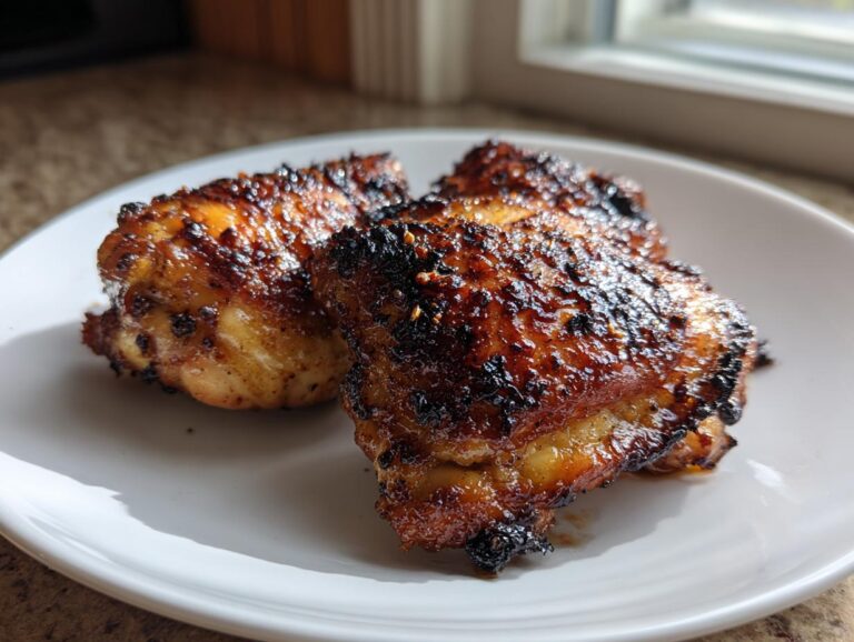 Three pieces of perfectly cooked, glazed chicken thighs with crispy, caramelized skin served on a white plate.