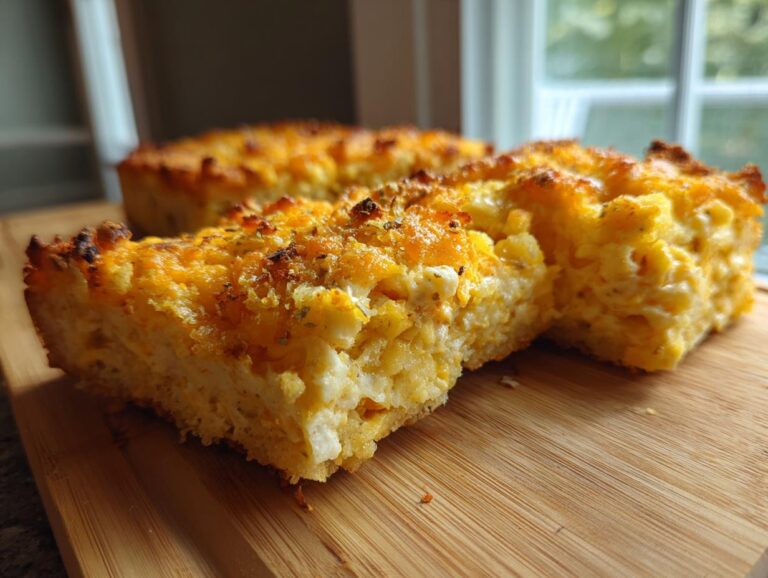 Two thick slices of baked hot chicken salad casserole with a golden, cheesy topping resting on a wooden cutting board.