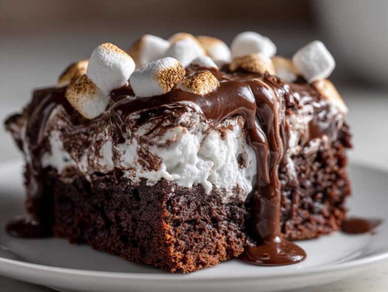 A rich slice of hot chocolate poke cake topped with melted chocolate and toasted mini marshmallows.