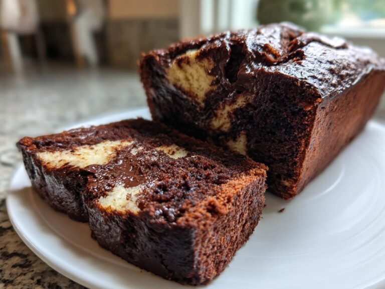 A loaf of rich, marbled hot fudge brownie bread with one slice cut, sitting on a white plate.