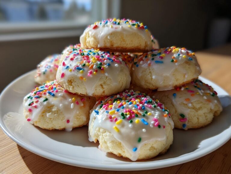 A stack of soft Italian ricotta cookies topped with white glaze and colorful sprinkles on a white plate.