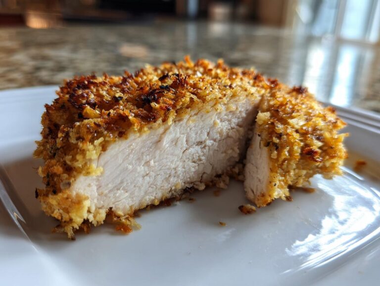 Cross-section view showing the juicy interior of a perfectly cooked baked ranch chicken with a crispy, golden crust.