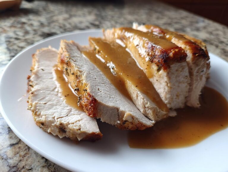 Close-up of moist, sliced crockpot turkey breast drizzled generously with brown gravy on a white plate.