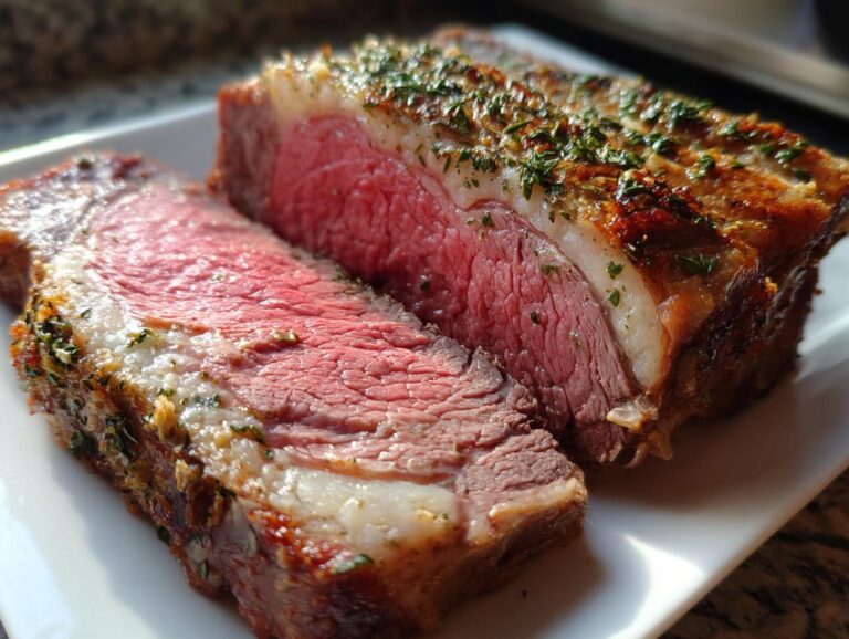 Two thick slices of juicy, medium-rare rib roast with a browned, herbed crust resting on a white plate.