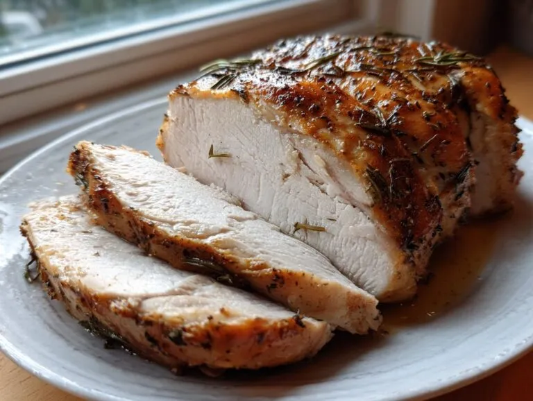 Close-up of sliced, juicy slow cooker turkey breast, seasoned with rosemary and herbs, resting on a white plate.