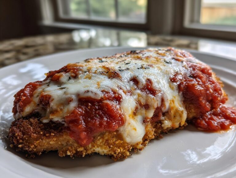 Close-up of a breaded chicken cutlet topped with rich marinara sauce and melted mozzarella cheese, a perfect keto chicken parmesan.