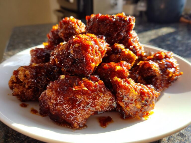 Close-up of crispy Korean fried chicken recipe pieces coated in a thick, glossy, dark red sauce.