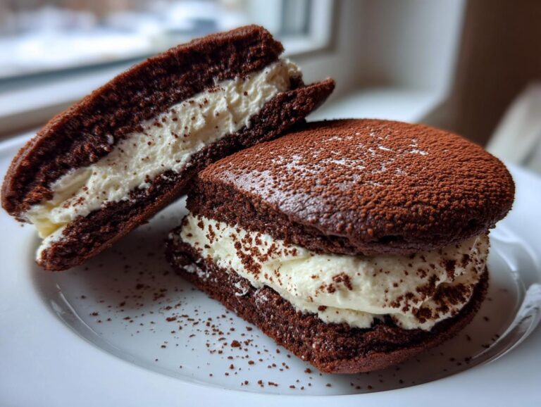 Two decadent chocolate tiramisu cookies filled with creamy mascarpone, dusted with cocoa powder.