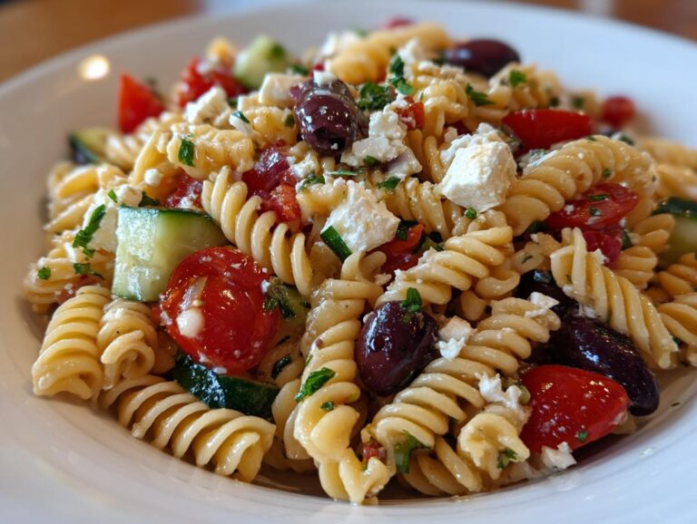Close-up of a serving of mediterranean pasta salad featuring rotini pasta, feta cheese, olives, tomatoes, and cucumber.