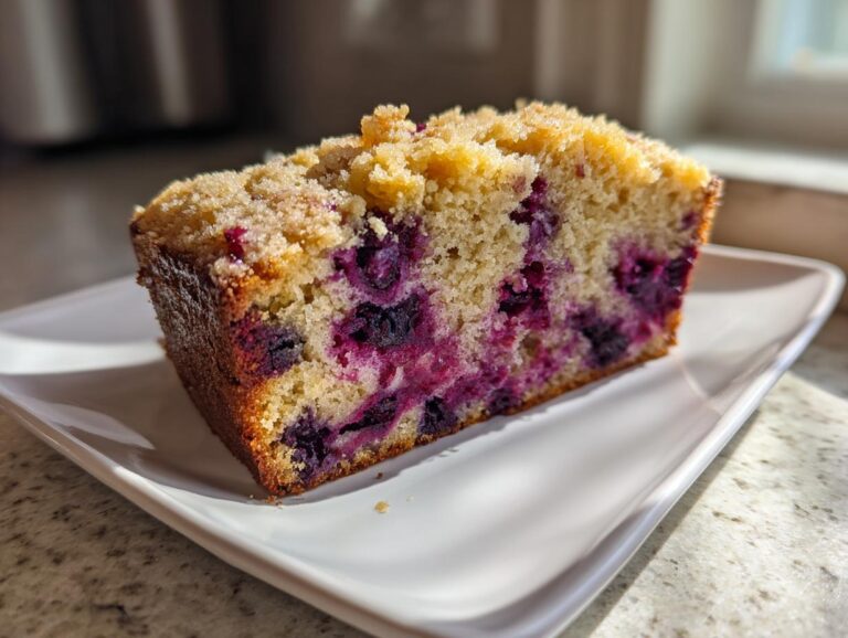 Close-up of a moist slice of blueberry banana bread topped with a sweet streusel.
