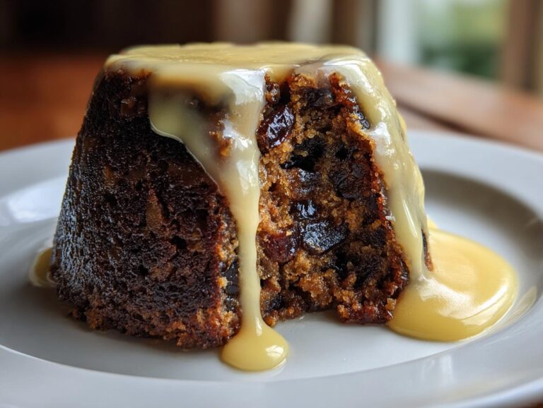 A close-up of a rich, dark plum pudding with a piece taken out, generously covered in flowing yellow custard.