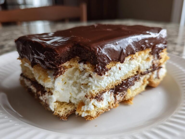 A generous slice of no-bake eclair cake featuring layers of graham crackers, creamy filling, and glossy chocolate frosting.