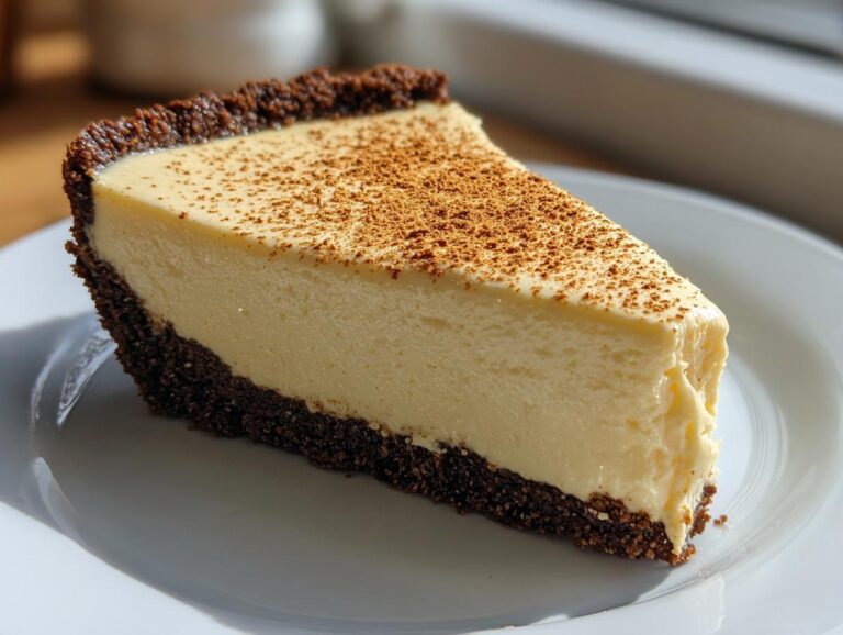 A perfect slice of no bake eggnog pie featuring a creamy filling and dark chocolate crust, dusted with cinnamon.