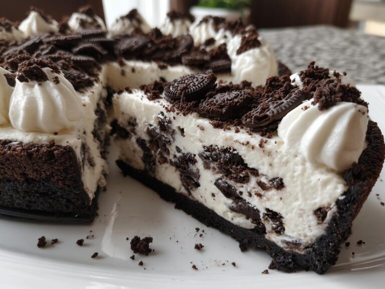 A thick slice of no-bake Oreo cheesecake featuring a dark crust, creamy filling loaded with cookie pieces, and topped with whipped cream.