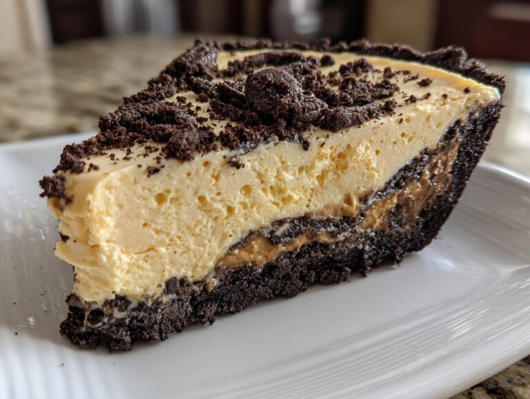 A cross-section slice of no bake peanut butter pie showing creamy filling, peanut butter layer, and dark chocolate crust.