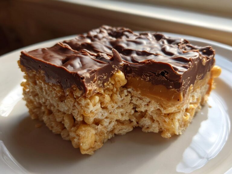 A thick square of peanut butter rice krispie treats topped with caramel and chocolate ganache.