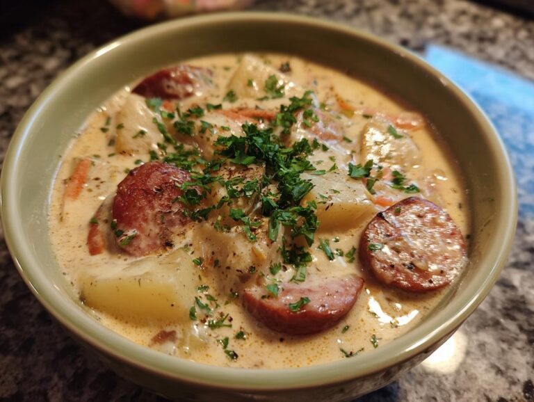 Close-up of a creamy potato and sausage chowder topped with fresh parsley.