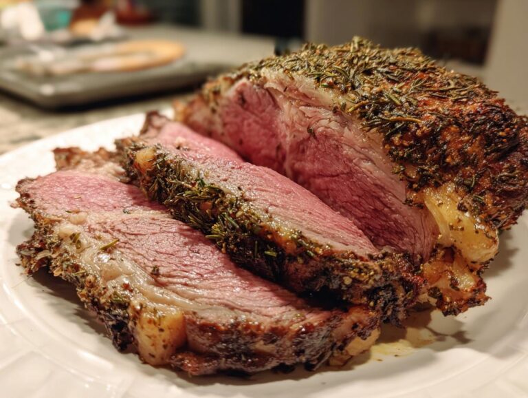 Close-up of a perfectly cooked prime rib roast oven, sliced to show medium-rare pink center and herb crust.