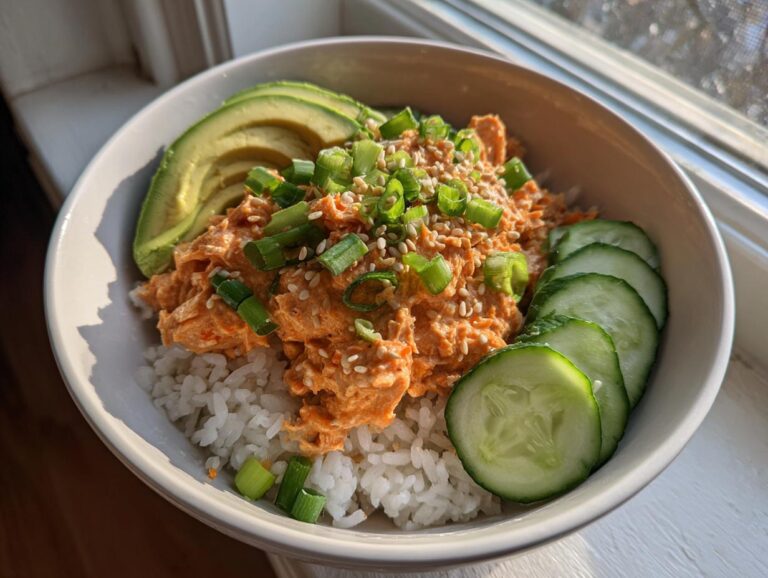 Close-up of a quick tuna rice bowl topped with spicy tuna mix, sliced avocado, and cucumber.