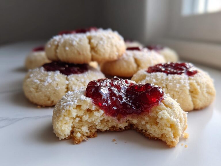 A close-up of delicious raspberry thumbprint cookies, one with a bite taken out, showing the buttery texture and jam filling.