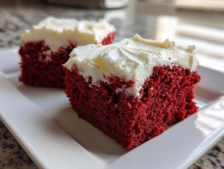 Two squares of vibrant red velvet brownies topped with thick cream cheese frosting on a white plate.