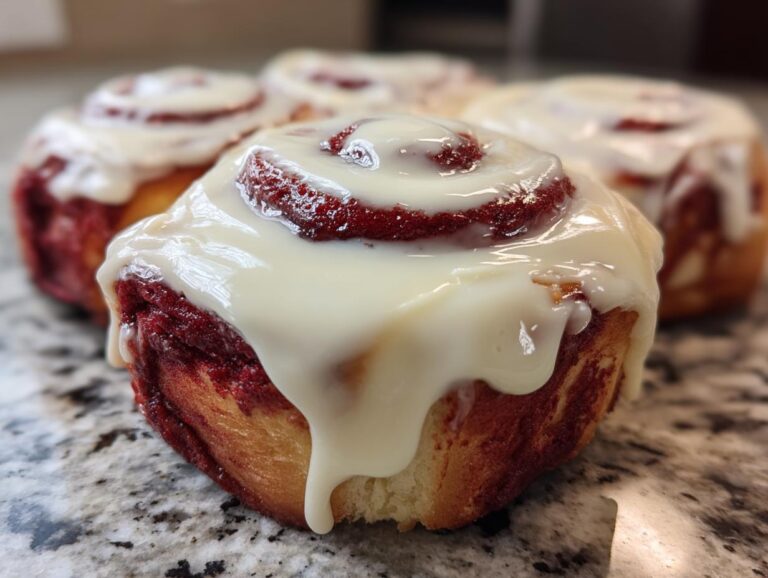 A close-up view of a freshly baked red velvet cinnamon roll generously topped with white cream cheese icing.