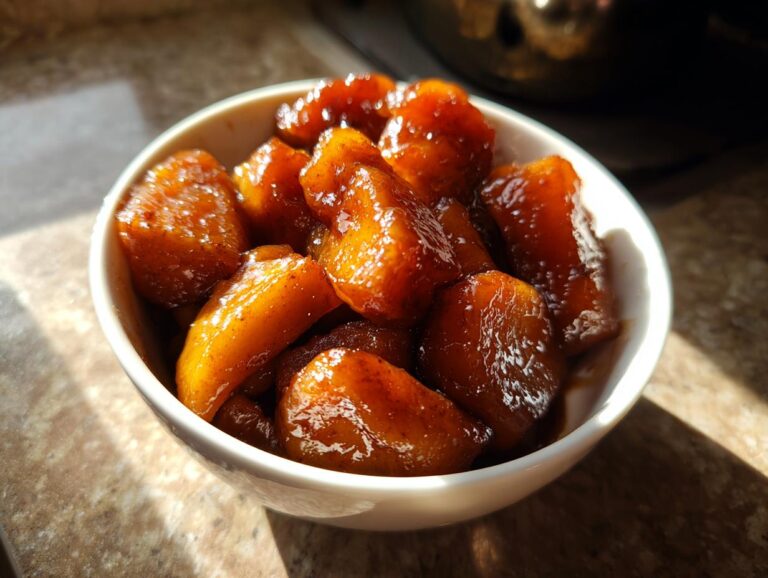 A white bowl filled with glossy, caramelized chunks of apple pie filling, glistening in the sunlight.