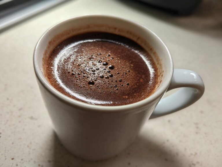 Close-up of a steaming mug filled with rich, dark french hot chocolate topped with small bubbles.