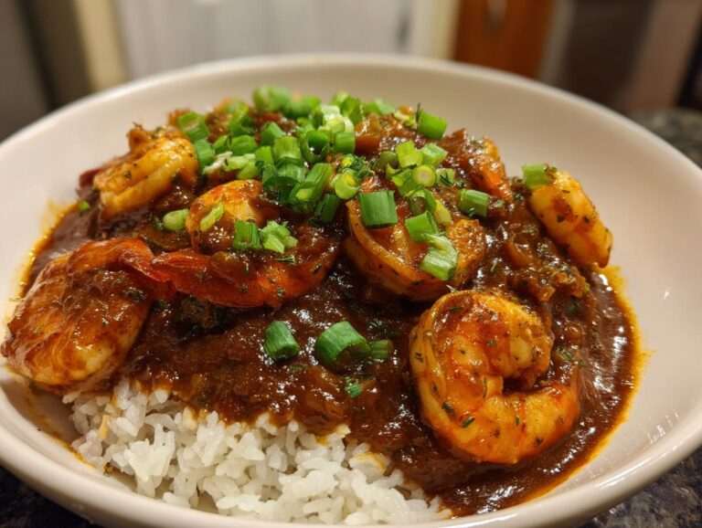 A close-up of savory shrimp etouffee with plump shrimp in a dark roux sauce served over fluffy white rice and topped with green onions.