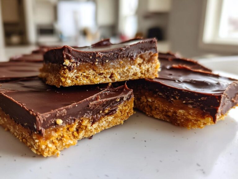 Close-up of three stacked pieces of saltine cracker toffee with a thick chocolate top layer.