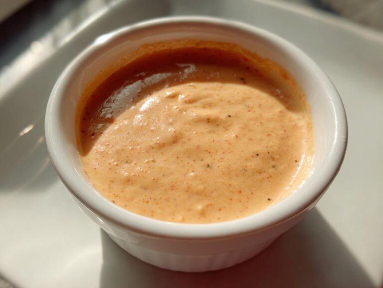 Close-up of creamy, orange-hued secret burger sauce speckled with spices, served in a small white ramekin.