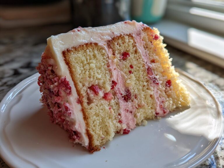 Close-up of a moist slice of 2-layer strawberry cake showing yellow sponge, pink strawberry filling, and white frosting with berry crumbles.