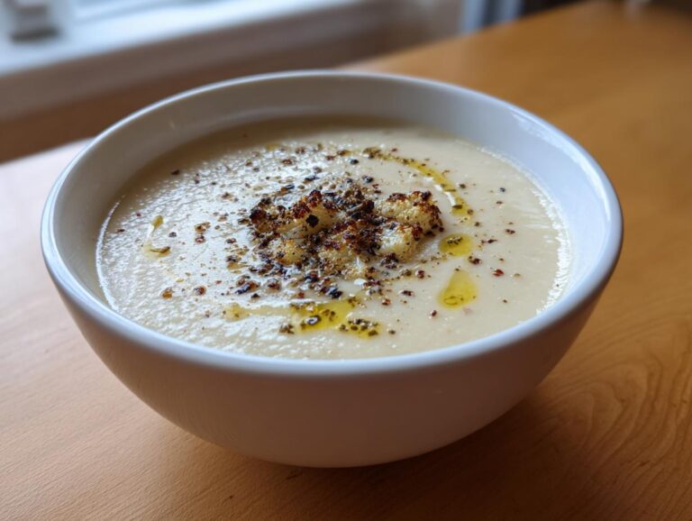 A close-up of creamy roasted cauliflower soup topped with roasted cauliflower florets and olive oil.
