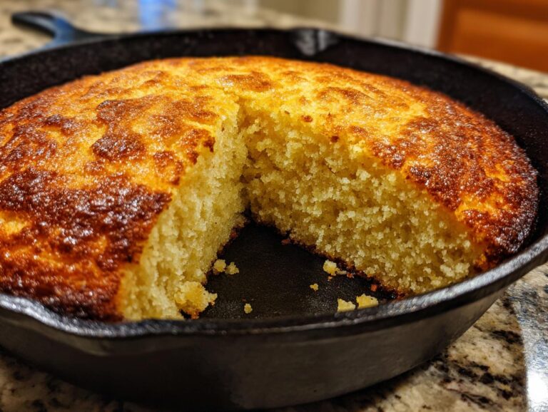 Close-up of golden brown skillet cornbread with a piece removed, showing the fluffy interior.