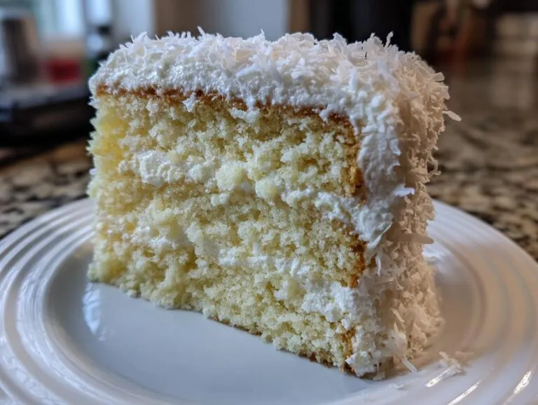 A moist slice of layered coconut cake recipe covered in white frosting and shredded coconut.