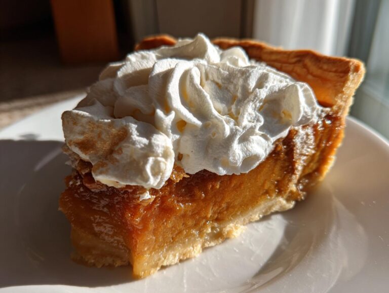 A close-up slice of rich, golden butterscotch pie topped generously with swirls of white whipped cream.