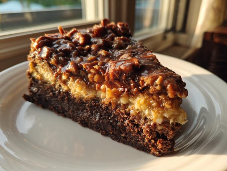 A decadent slice of german chocolate cheesecake featuring a dark brownie base, creamy filling, and glossy pecan topping.
