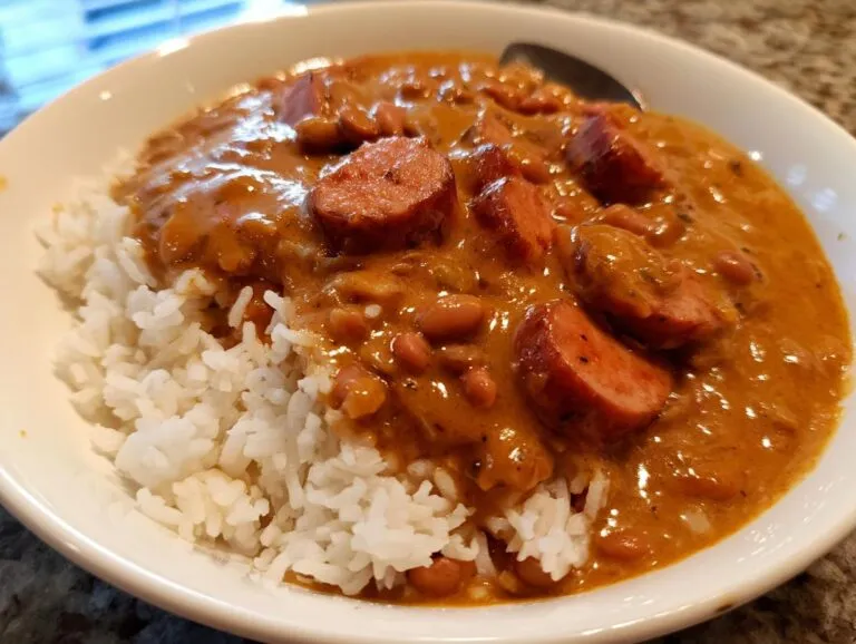 A close-up of a white bowl filled with white rice topped generously with creamy slow cooker red beans and rice and slices of smoked sausage.