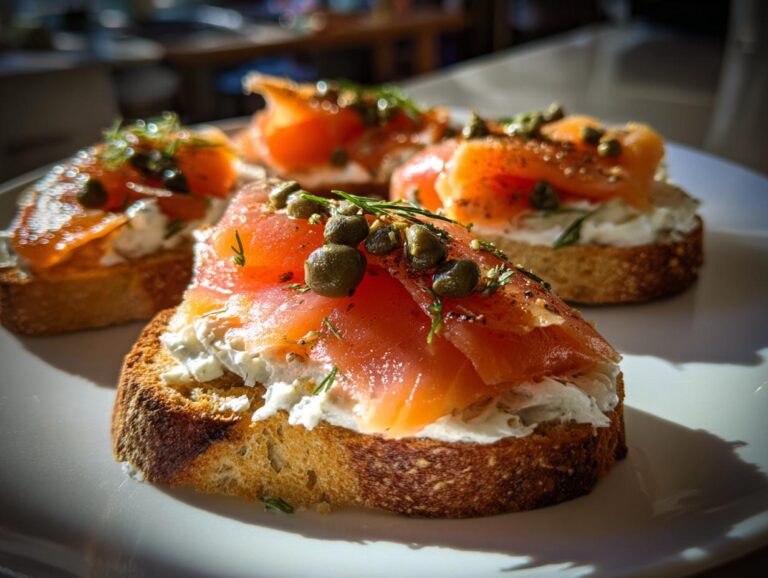 Four pieces of toasted bread topped with cream cheese, bright orange smoked salmon, capers, and dill.