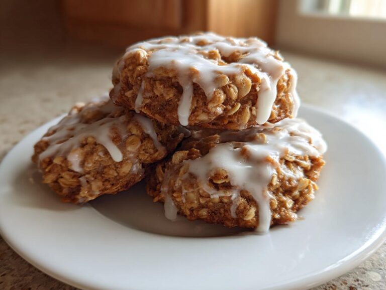 Three soft iced oatmeal cookies stacked on a white plate, generously drizzled with white vanilla icing.
