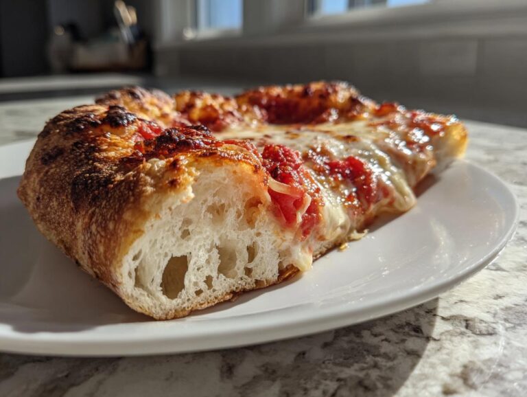 Close-up of a slice of pizza showing the airy crumb structure from sourdough discard pizza dough.