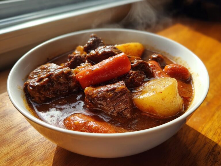 Close-up of a steaming white bowl filled with rich, dark crockpot beef stew featuring tender beef chunks, carrots, and potatoes.