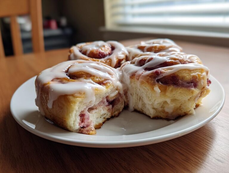 Four gooey Strawberry Cheesecake Sweet Rolls drizzled with white icing on a white plate.