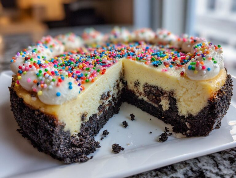 A slice taken out of a round sugar cookie cheesecake topped with whipped cream and colorful sprinkles.