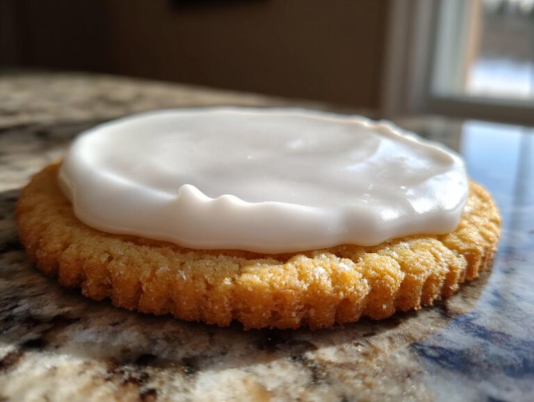 A close-up, low-angle shot of a golden sugar cookie topped with thick, smooth white sugar cookie icing recipe.