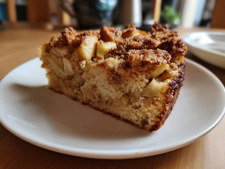 A close-up shot of a moist slice of swedish apple cake topped with cinnamon crumble, served on a white plate.