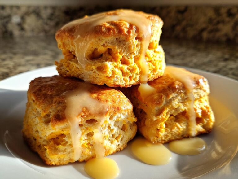 Three fluffy sweet potato biscuits stacked on a white plate, generously drizzled with a light glaze.